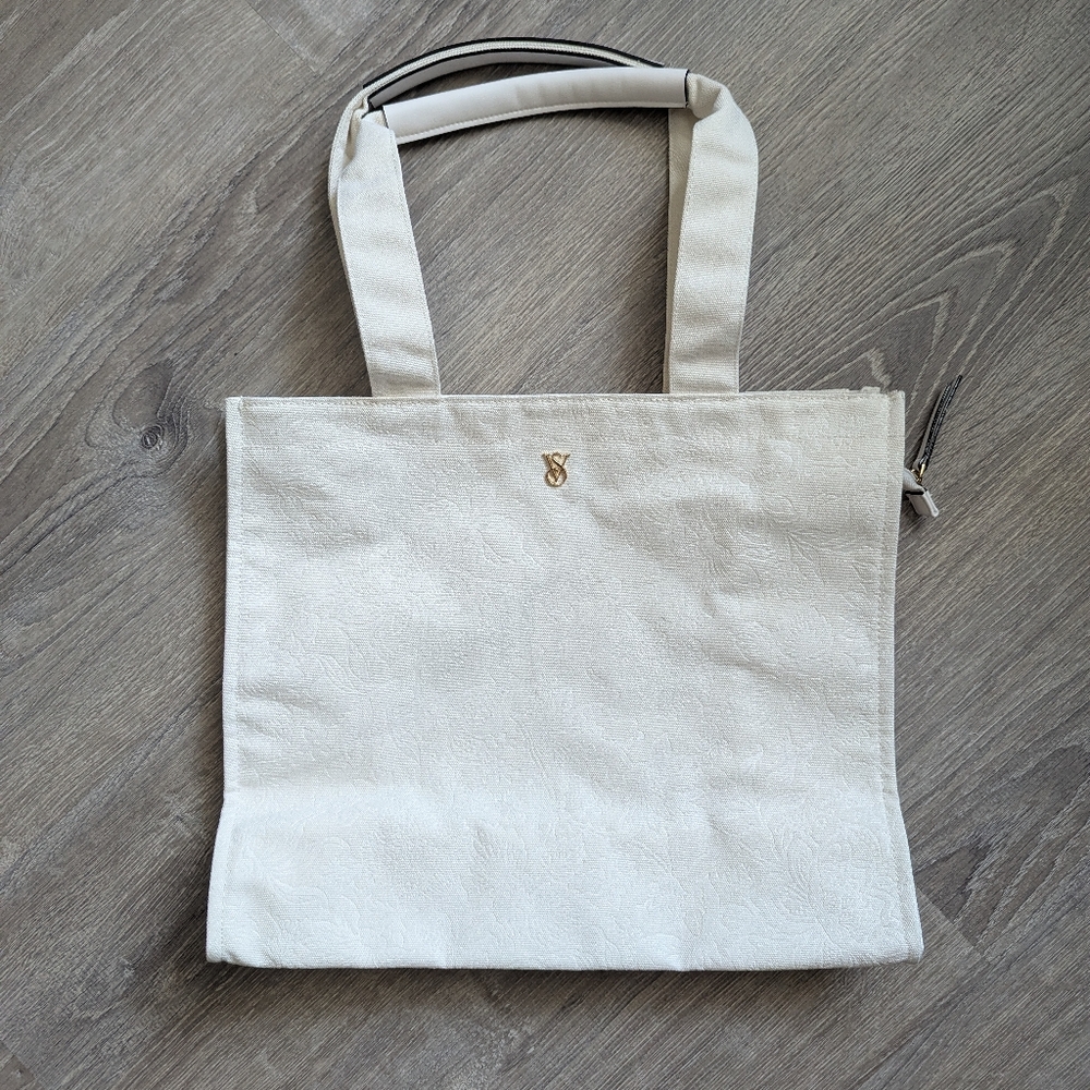 Victoria's Secret Embossed White Floral Tote Bag With Gold Emblem